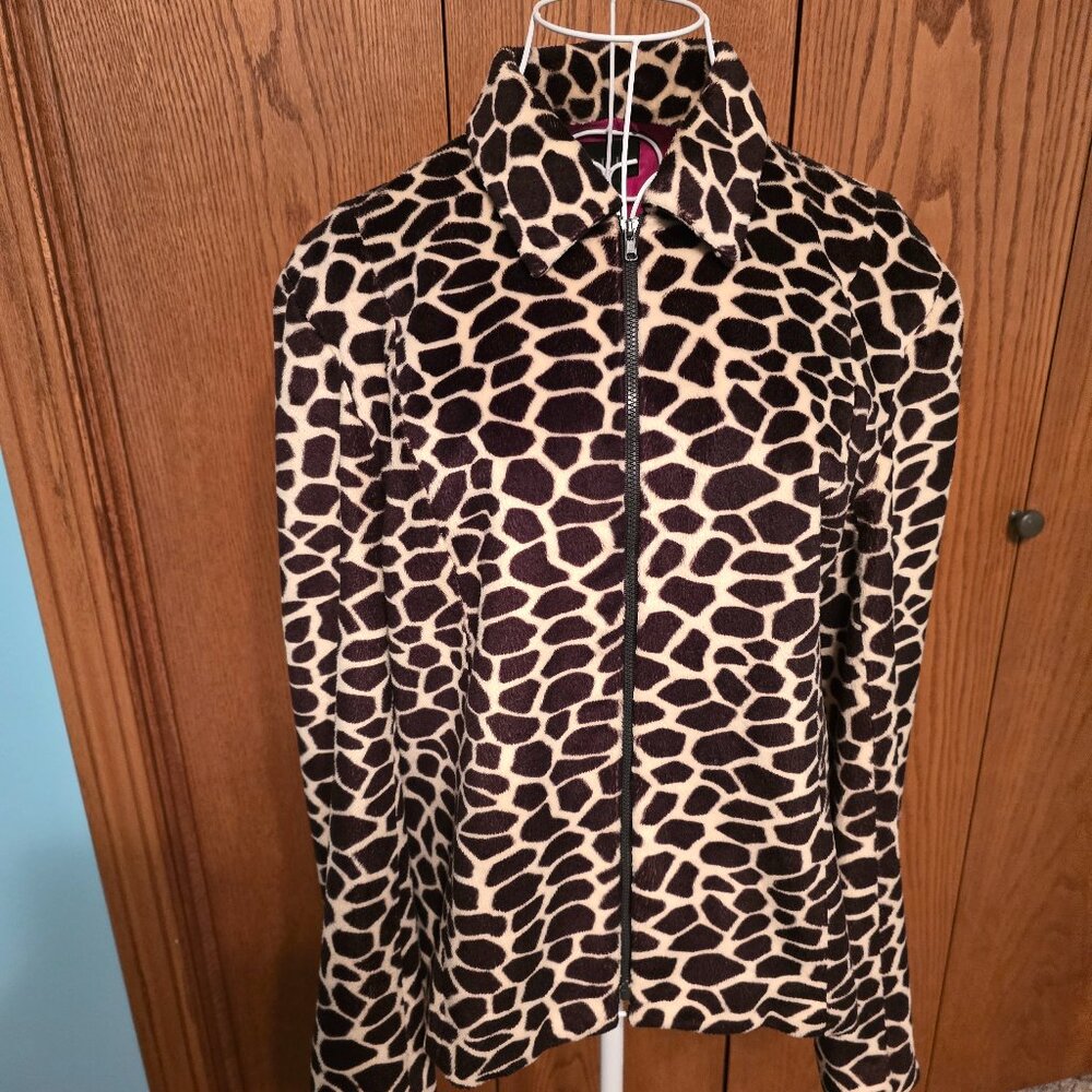 Vintage MDL New York Giraffe Print Jacket Plush Faux Fur Zip Size 10 Medium Mob